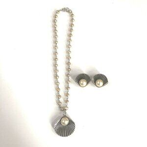 Vintage silver shell and faux pearl necklace set with clip on earrings